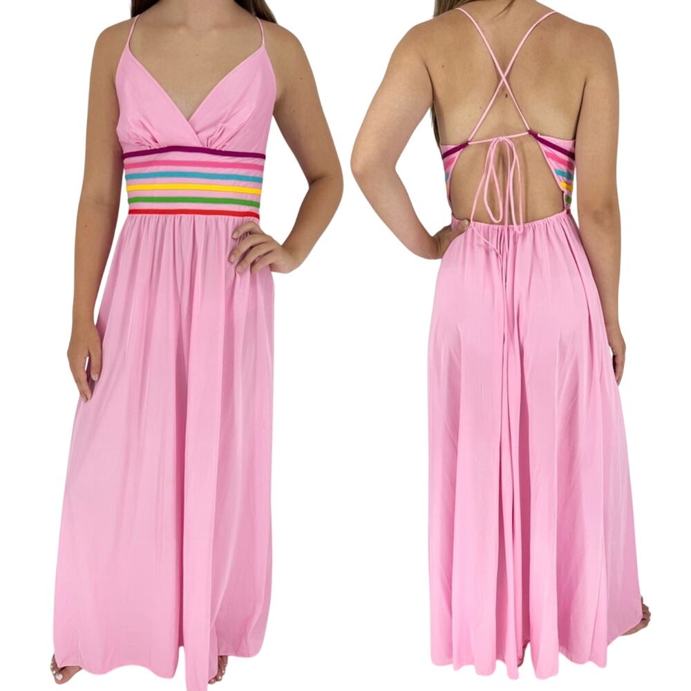 Vintage 60s/70s Vassarette Rainbow Stripe Open Back Maxi Dress Nightgown Pink 36